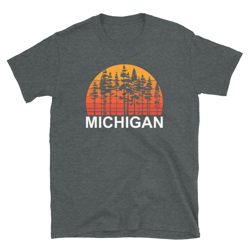 Skinny Pine Tree Shirt for Men or Women Hiking Camping Shirts Pine Trees Sunset Michigan Shirt