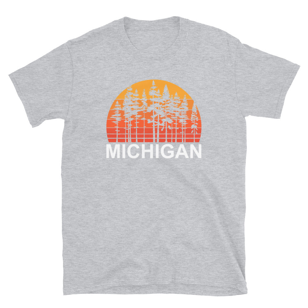 Skinny Pine Tree Shirt for Men or Women Hiking Camping Shirts Pine Trees Sunset Michigan Shirt