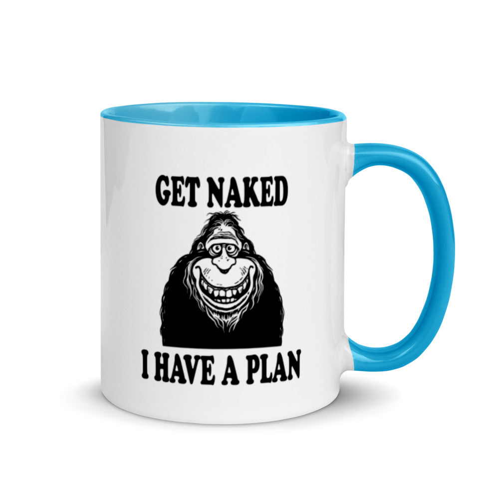 Bigfoot coffee mug, "Funny Get Naked I Have a Plan" novelty cup for morning coffee lovers