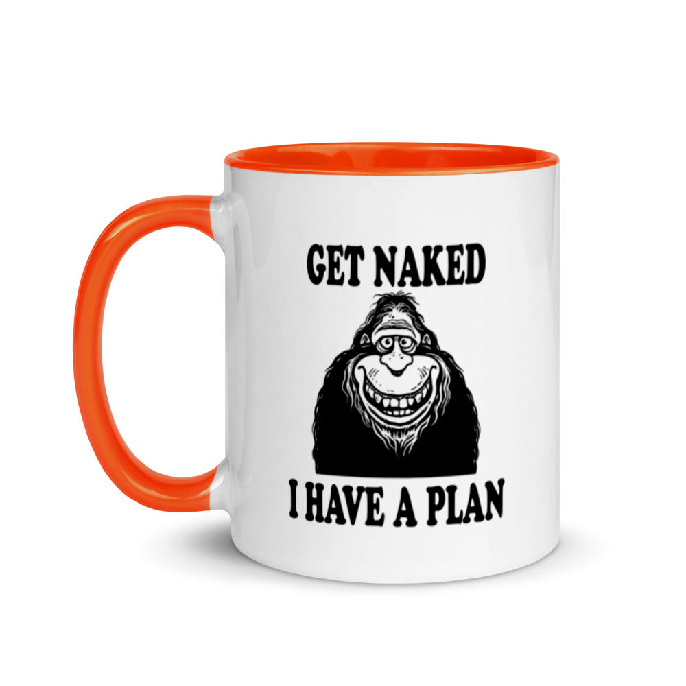 Bigfoot coffee mug, "Funny Get Naked I Have a Plan" novelty cup for morning coffee lovers