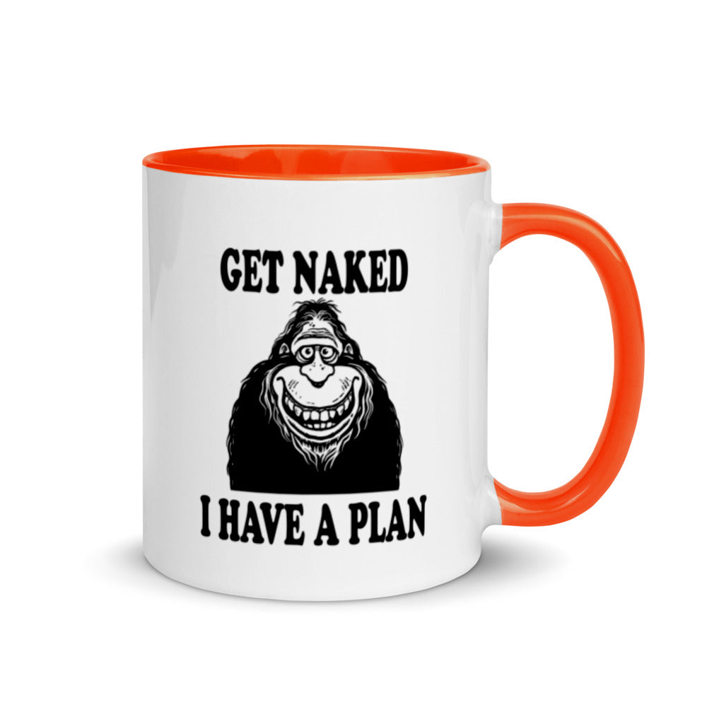 Bigfoot coffee mug, "Funny Get Naked I Have a Plan" novelty cup for morning coffee lovers