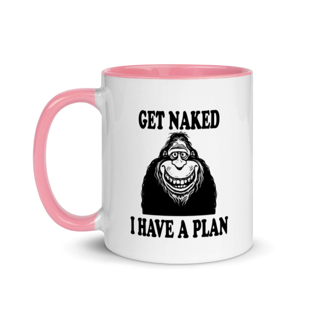 Bigfoot coffee mug, "Funny Get Naked I Have a Plan" novelty cup for morning coffee lovers