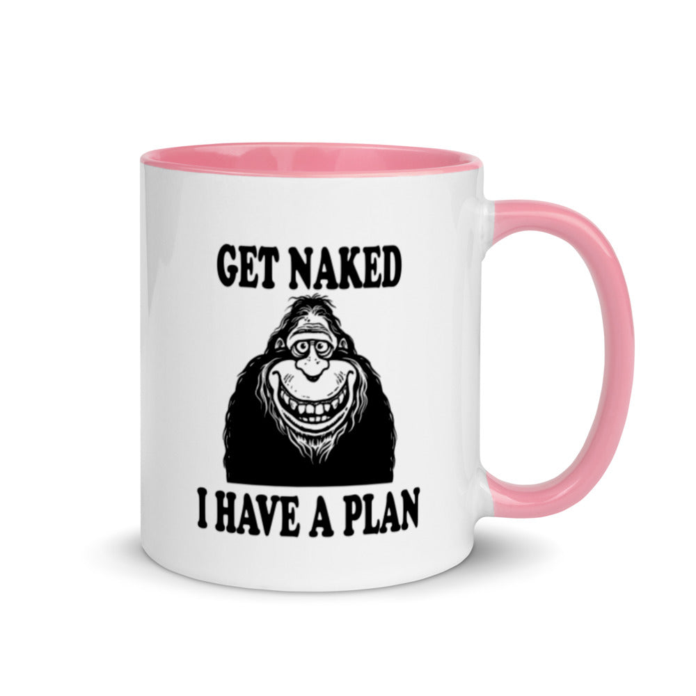 Bigfoot coffee mug, "Funny Get Naked I Have a Plan" novelty cup for morning coffee lovers