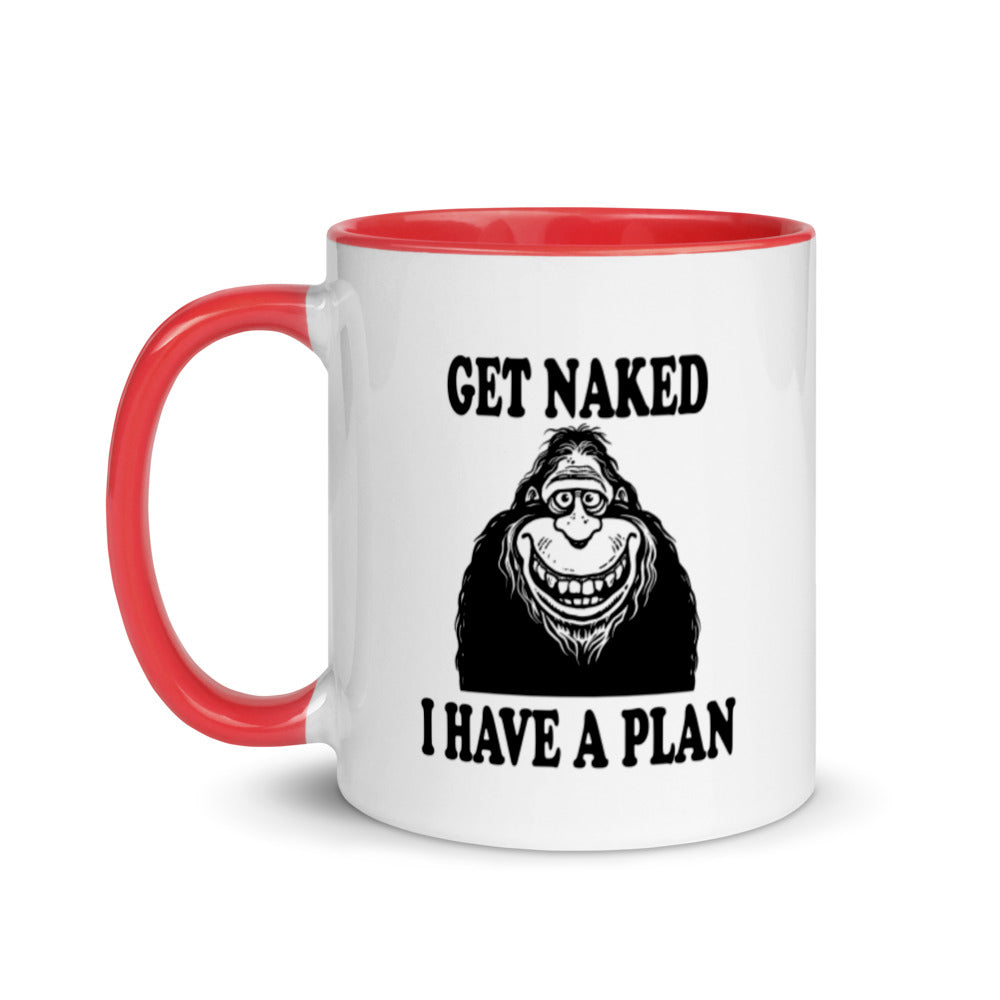 Bigfoot coffee mug, "Funny Get Naked I Have a Plan" novelty cup for morning coffee lovers