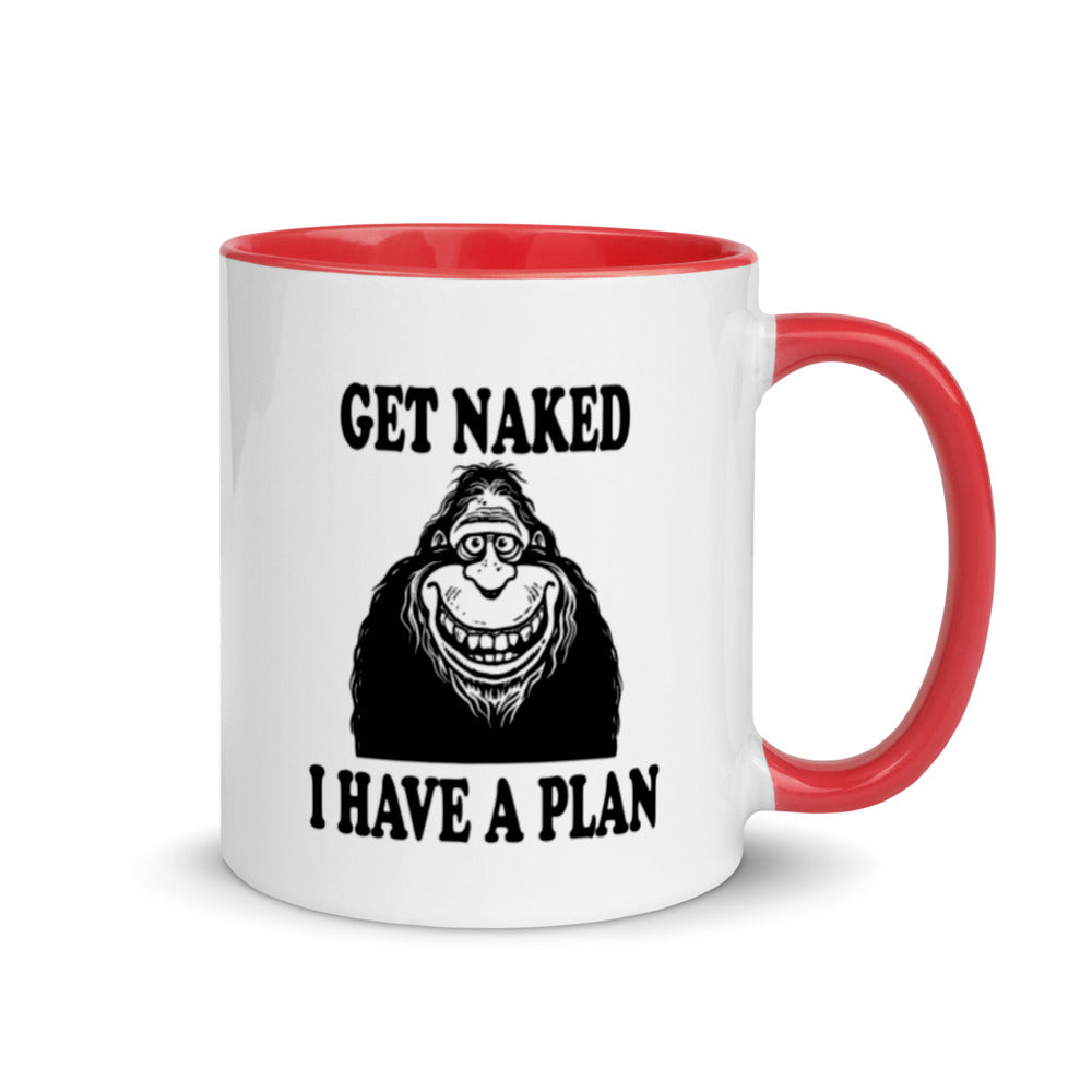 Bigfoot coffee mug, "Funny Get Naked I Have a Plan" novelty cup for morning coffee lovers