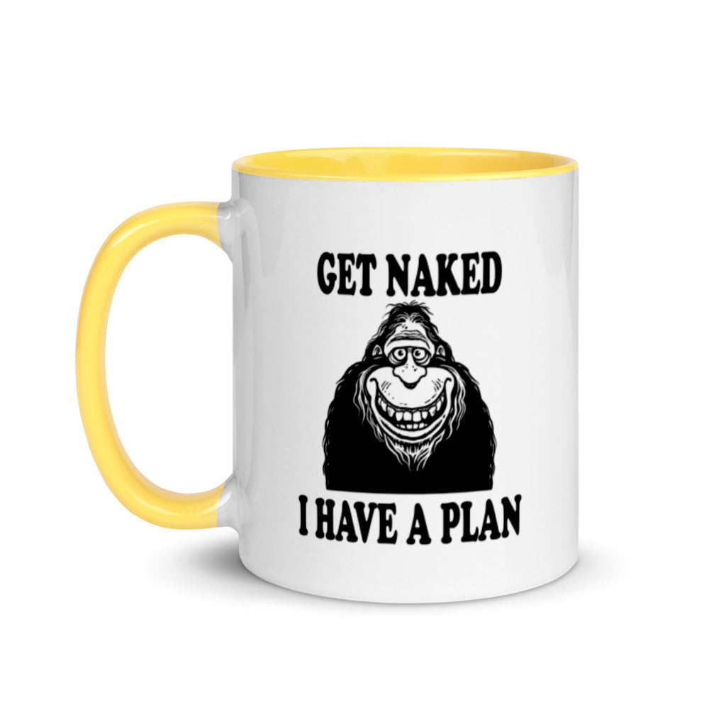 Bigfoot coffee mug, "Funny Get Naked I Have a Plan" novelty cup for morning coffee lovers