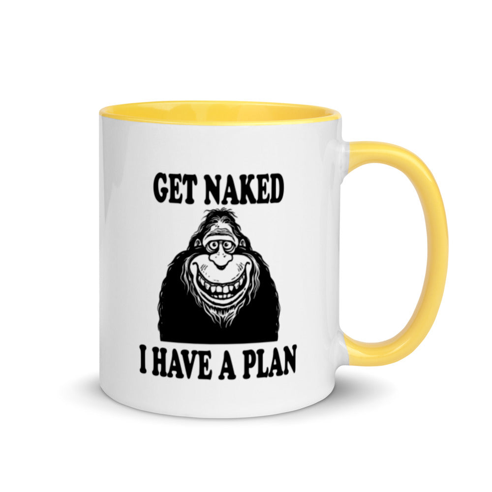 Bigfoot coffee mug, "Funny Get Naked I Have a Plan" novelty cup for morning coffee lovers
