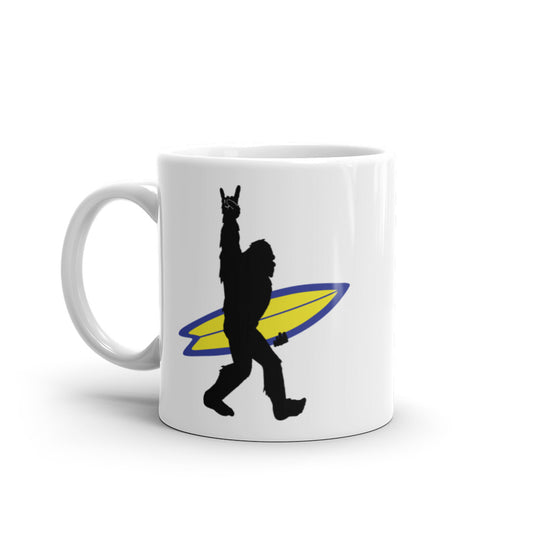 Surfing Bigfoot Coffee Mug, Whimsical Bigfoot Design, Perfect for Morning Coffee, Fun Gift for Surf Lovers and Bigfoot Enthusiasts