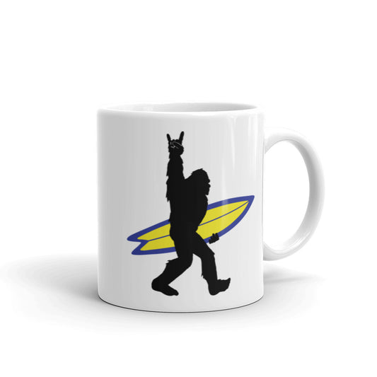 Surfing Bigfoot Coffee Mug, Whimsical Bigfoot Design, Perfect for Morning Coffee, Fun Gift for Surf Lovers and Bigfoot Enthusiasts