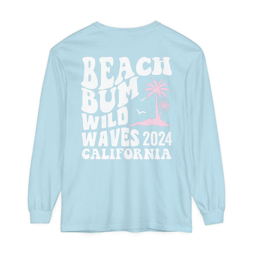 Beach Bum Wild Waves California 2024 Comfort Colors Long Sleeve - Captain Woody's Shirts & Beach Club