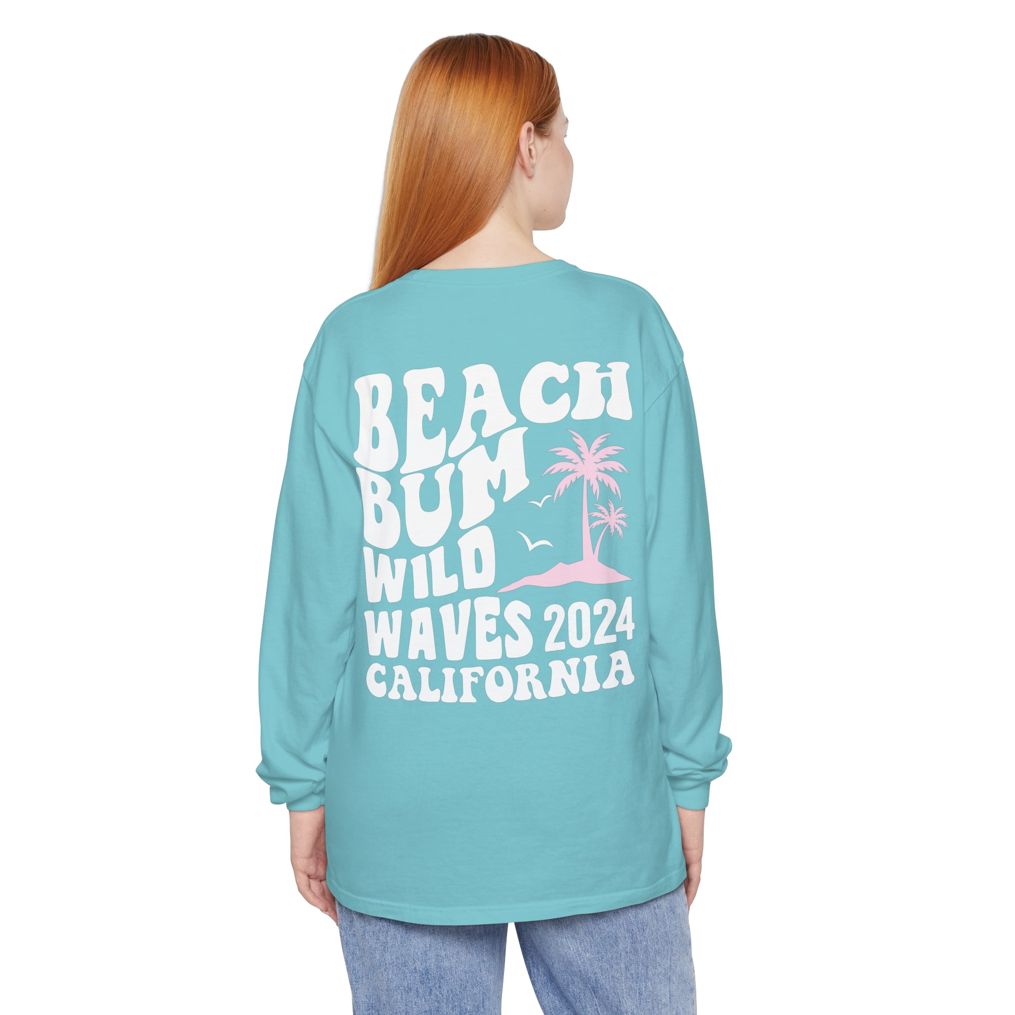 Beach Bum Wild Waves California 2024 Comfort Colors Long Sleeve - Captain Woody's Shirts & Beach Club