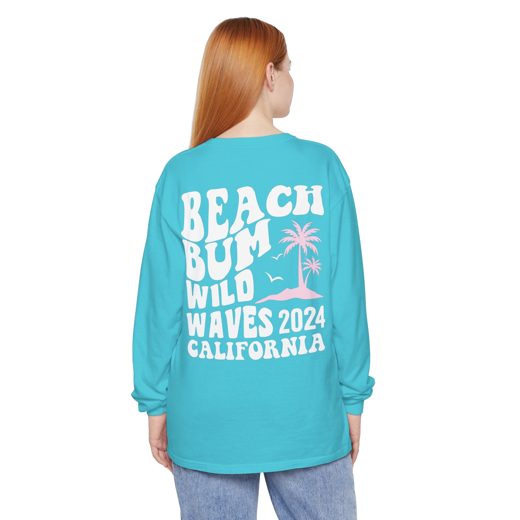 Beach Bum Wild Waves California 2024 Comfort Colors Long Sleeve - Captain Woody's Shirts & Beach Club