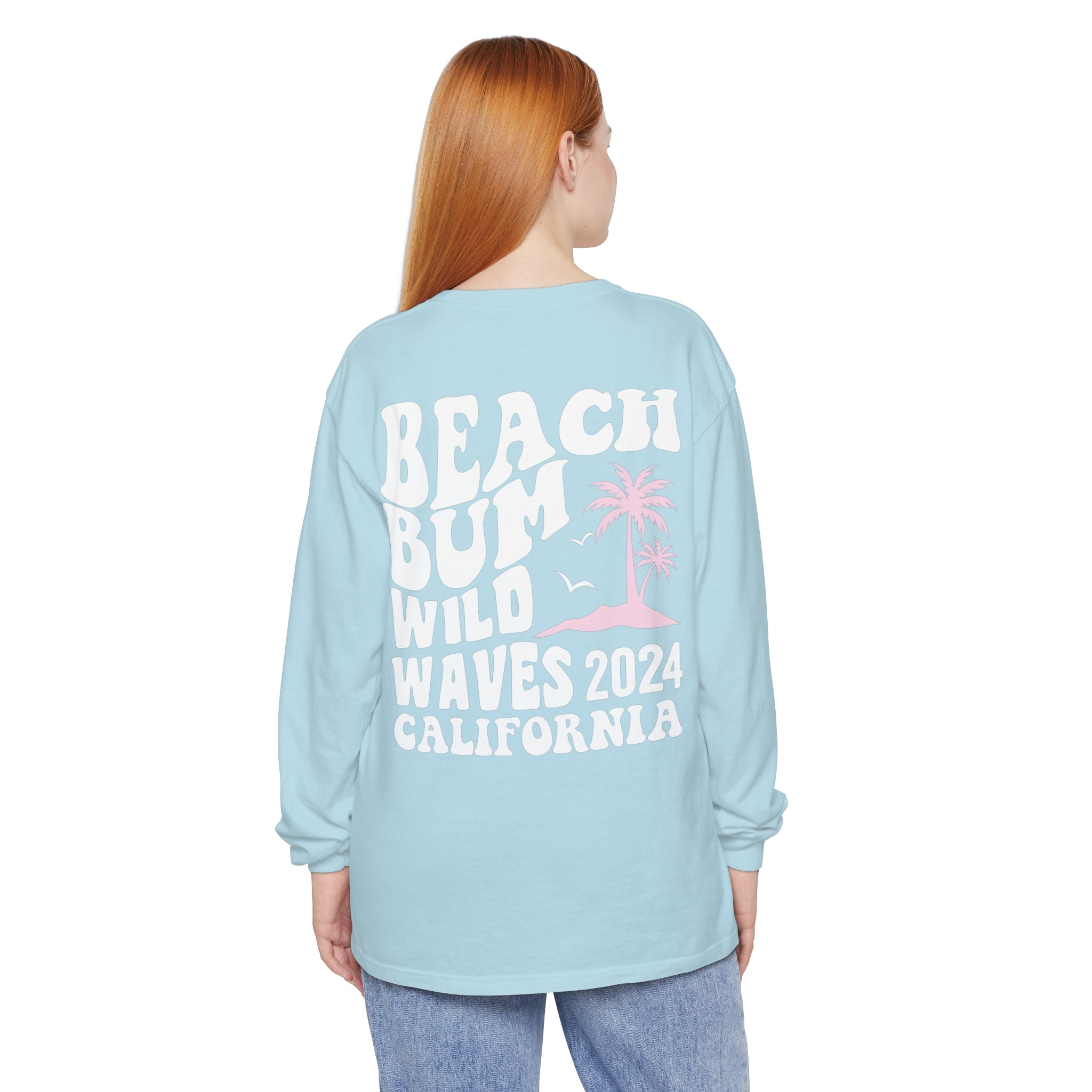 Beach Bum Wild Waves California 2024 Comfort Colors Long Sleeve - Captain Woody's Shirts & Beach Club