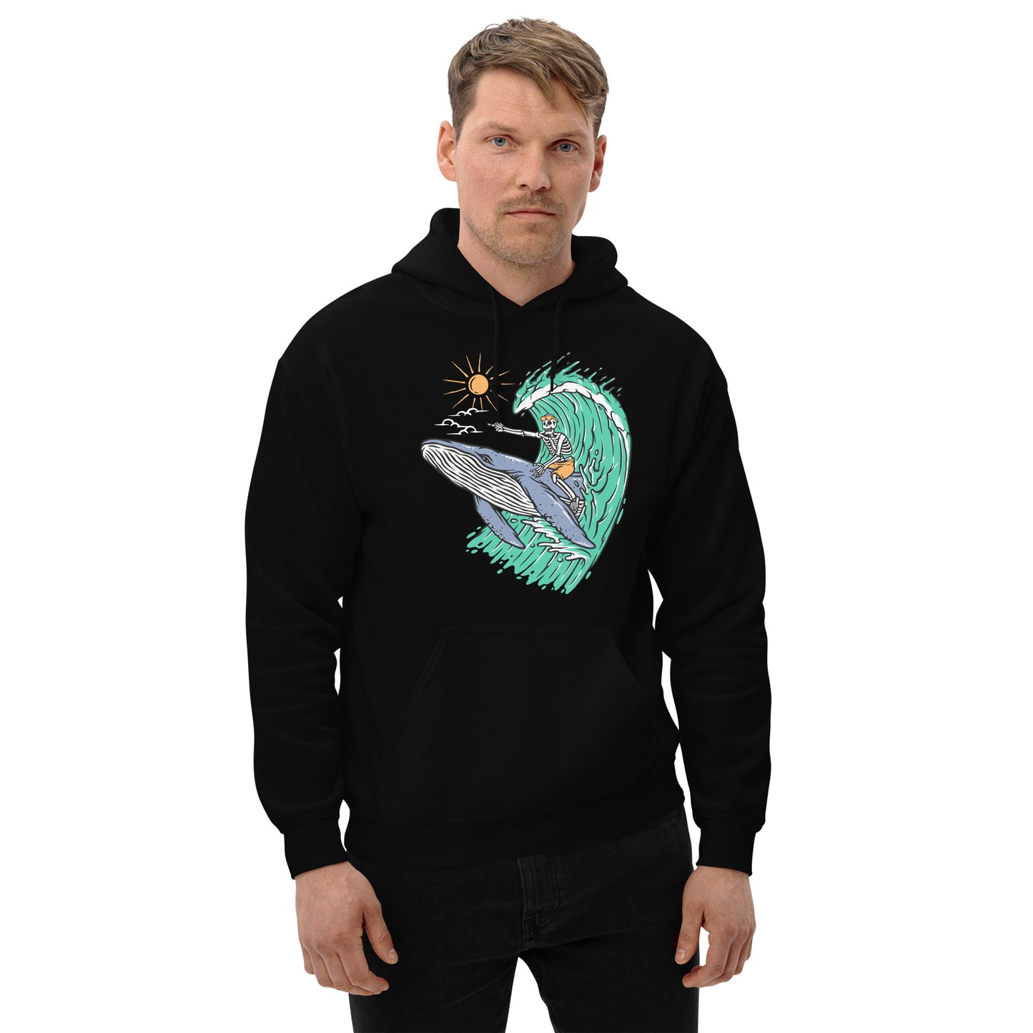 Whale Races, Skeleton Surf Riding a Whale Unisex Hoodie