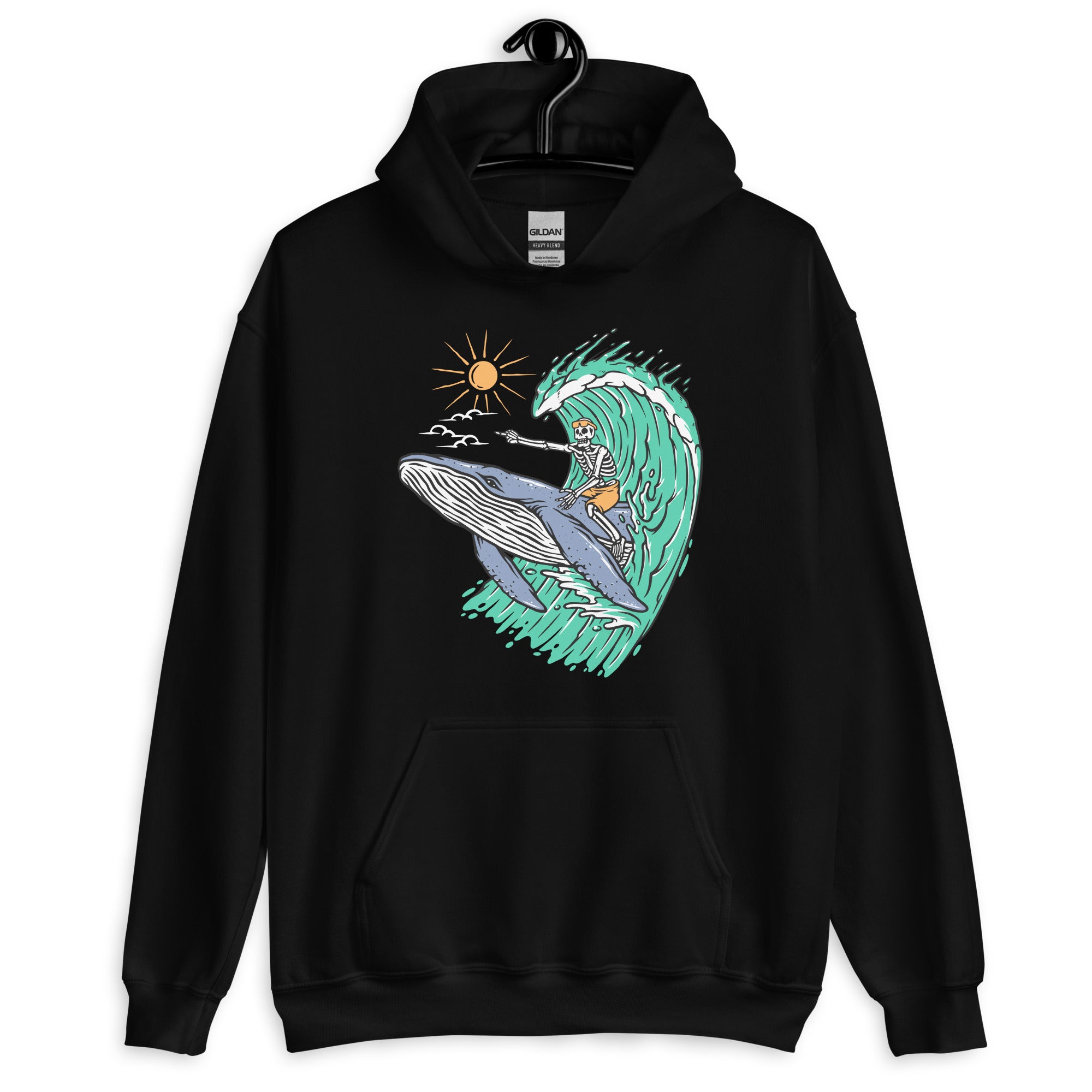 Whale Races, Skeleton Surf Riding a Whale Unisex Hoodie - Captain Woody's Shirts & Beach Club