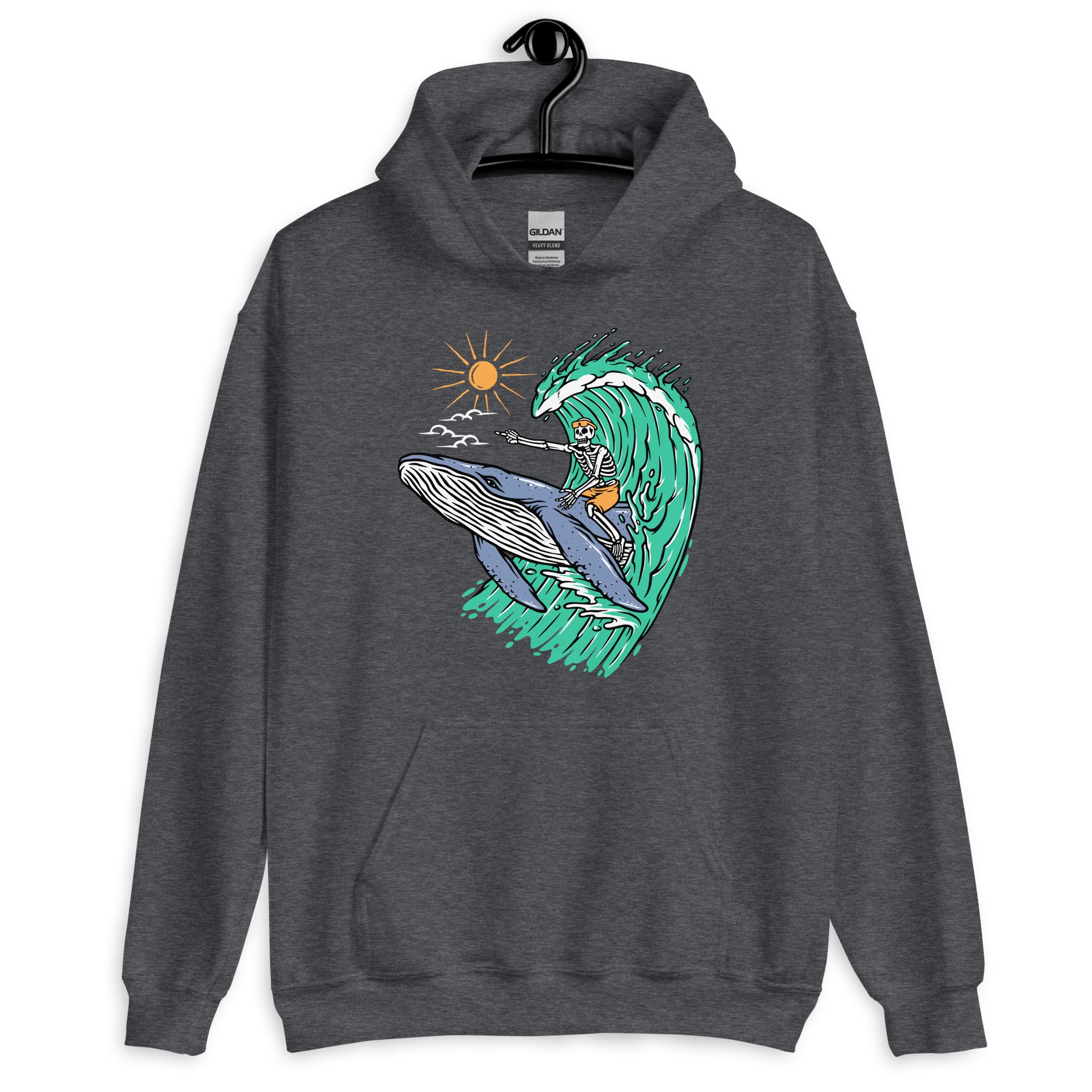 Whale Races, Skeleton Surf Riding a Whale Unisex Hoodie - Captain Woody's Shirts & Beach Club