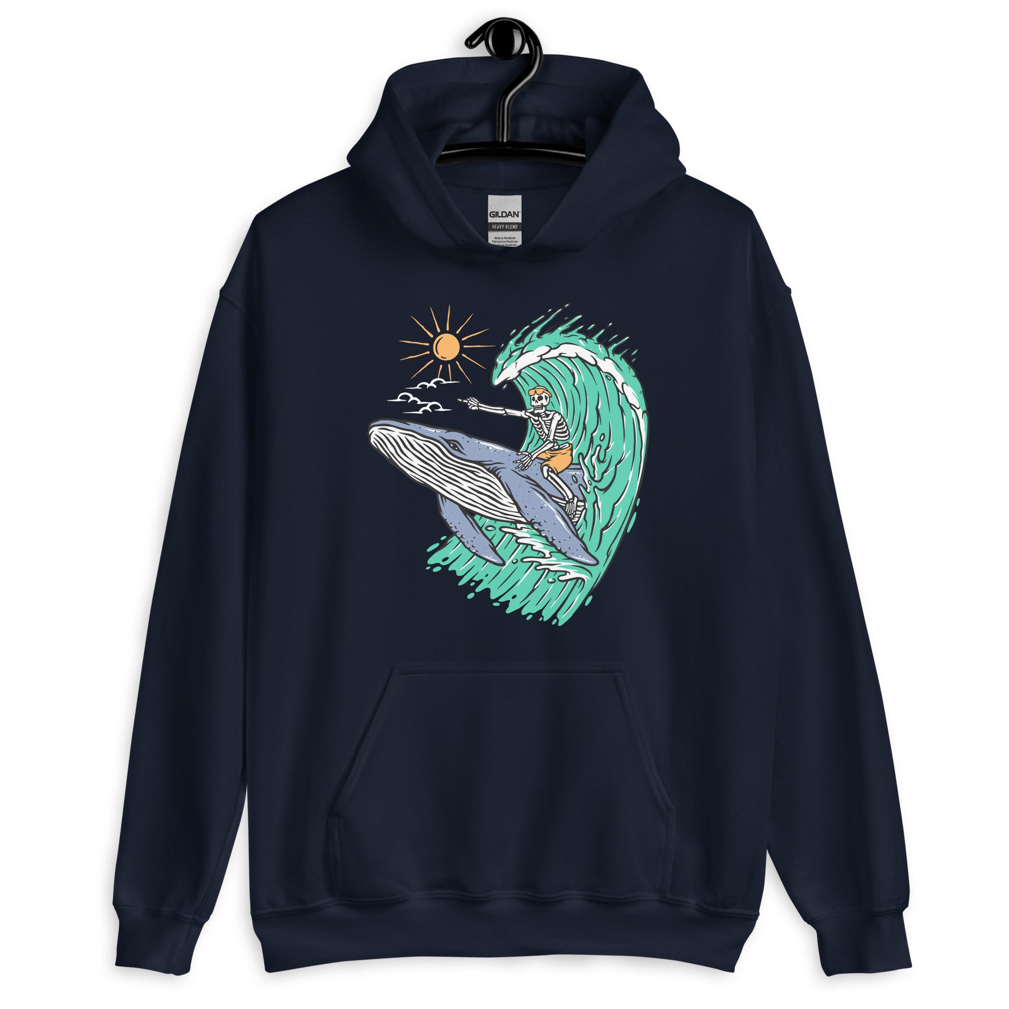 Whale Races, Skeleton Surf Riding a Whale Unisex Hoodie - Captain Woody's Shirts & Beach Club