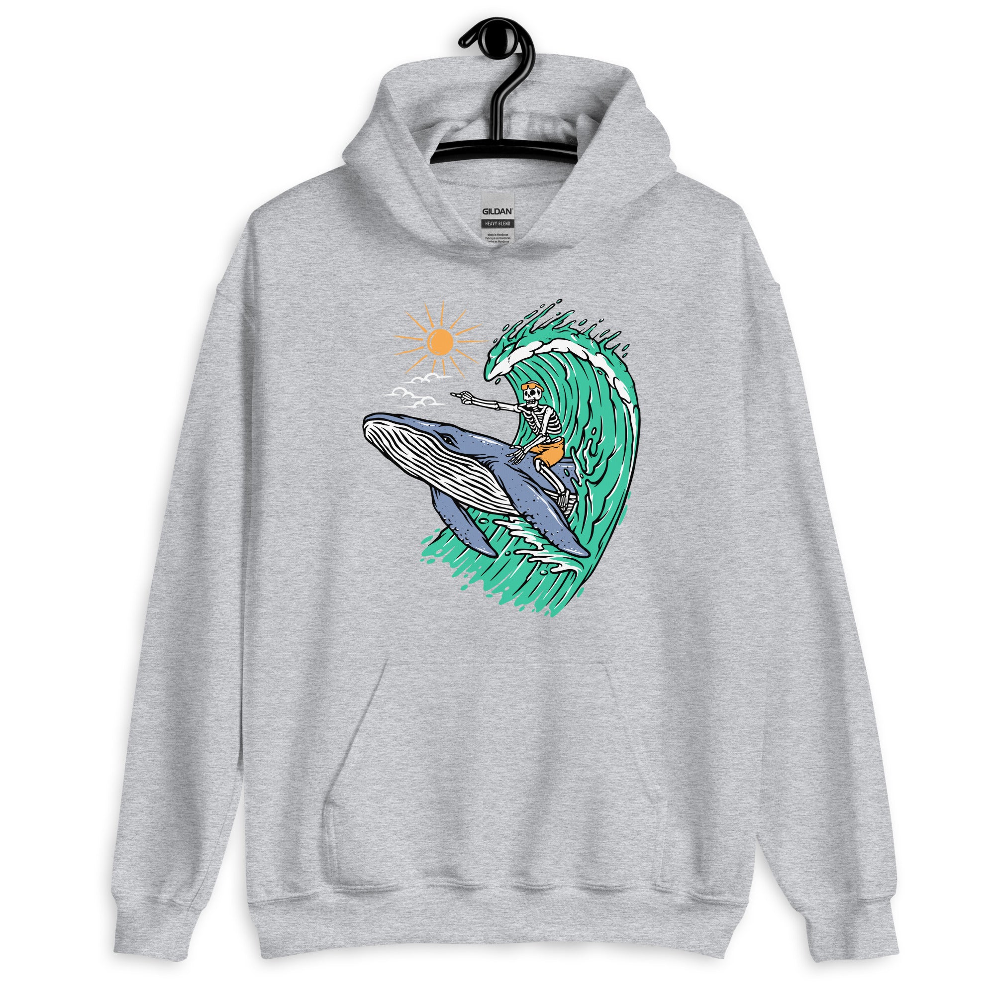 Whale Races, Skeleton Surf Riding a Whale Unisex Hoodie - Captain Woody's Shirts & Beach Club