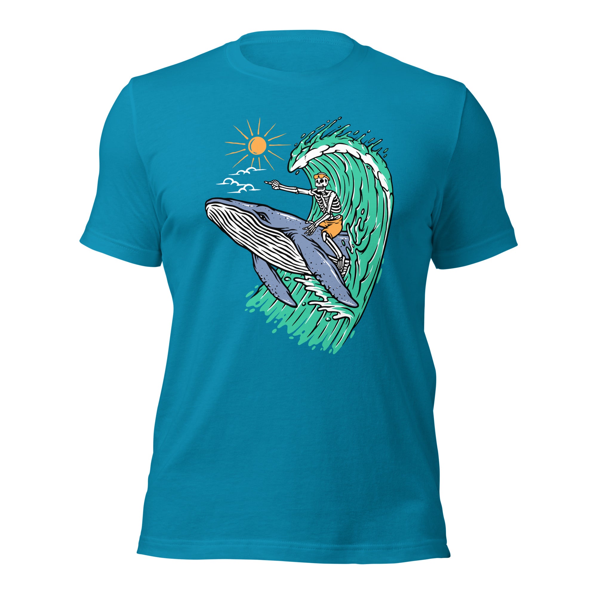 Whale Races, Skeleton Surf Riding a Whale Unisex Hoodie Unisex t-shirt - Captain Woody's Shirts & Beach Club