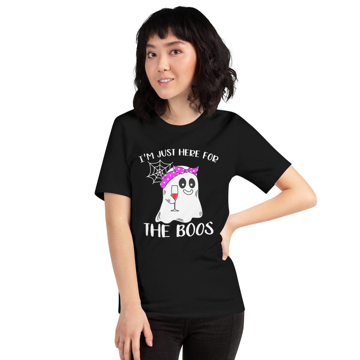 I'm Just Here for the Boo's Shirt: Ghost Drinking Wine Tee, Ideal Halloween Gift for Celebrating Spooky Season - Captain Woody's Shirts & Beach Club
