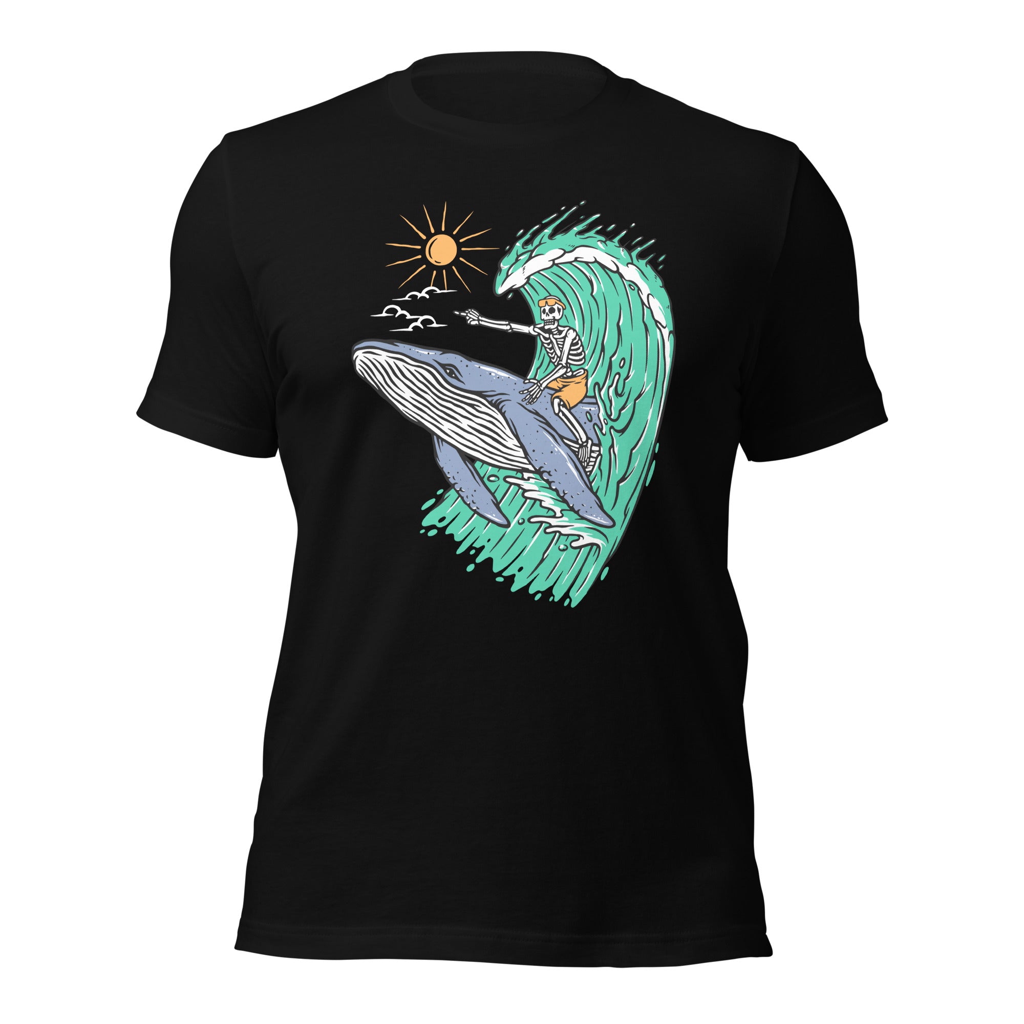 Whale Races, Skeleton Surf Riding a Whale Unisex Hoodie Unisex t-shirt - Captain Woody's Shirts & Beach Club