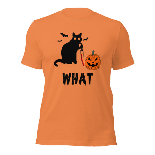 Murderous Cat Halloween shirt, edgy graphic design featuring bloody knife, perfect for spooky events, unique gift for cat lovers