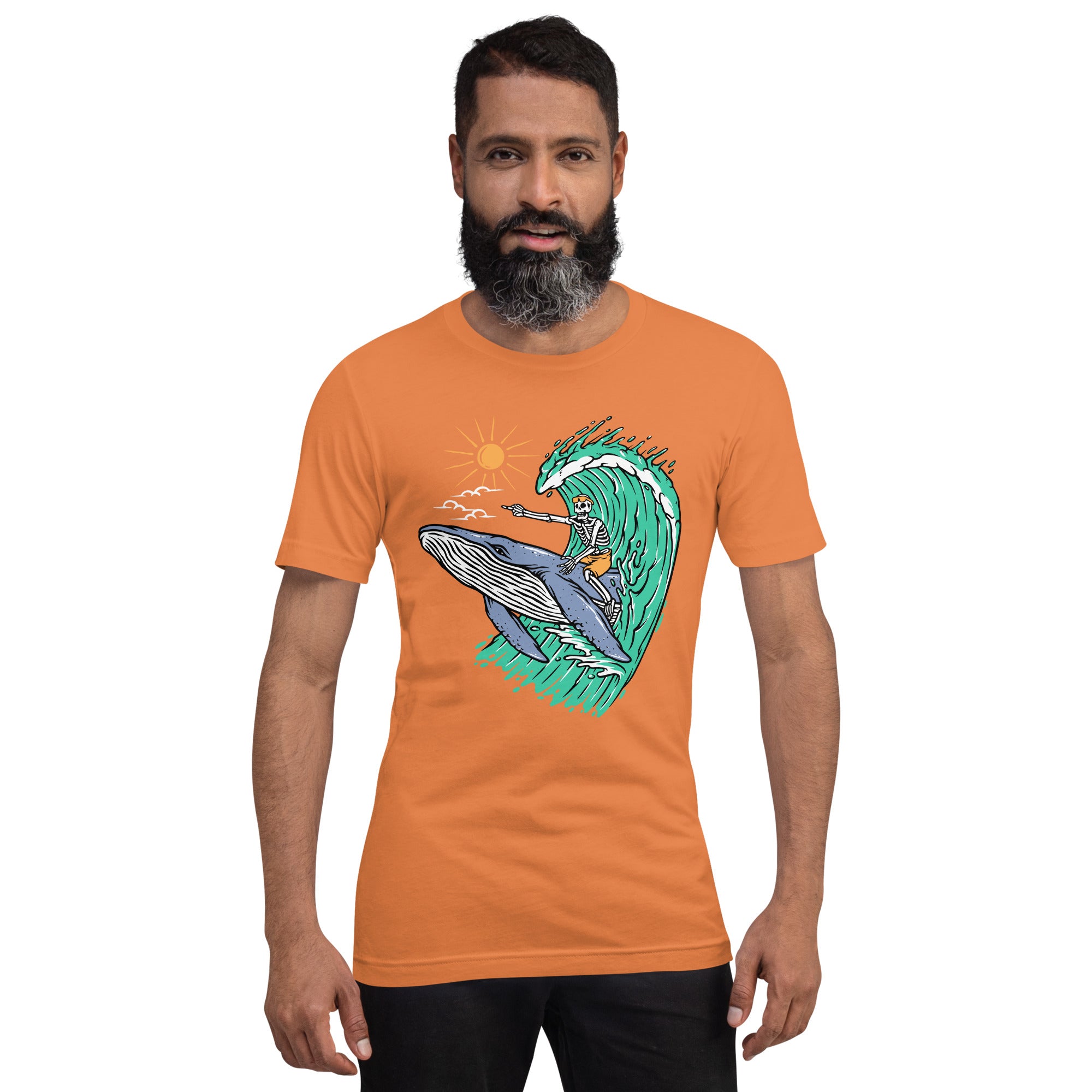 Whale Races, Skeleton Surf Riding a Whale Unisex Hoodie Unisex t-shirt - Captain Woody's Shirts & Beach Club