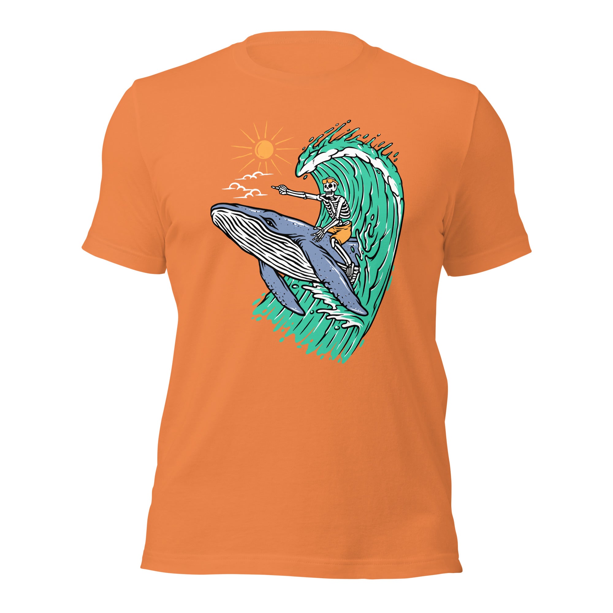 Whale Races, Skeleton Surf Riding a Whale Unisex Hoodie Unisex t-shirt - Captain Woody's Shirts & Beach Club