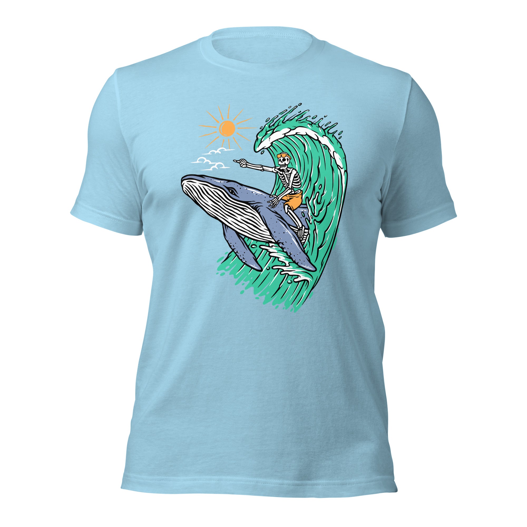 Whale Races, Skeleton Surf Riding a Whale Unisex Hoodie Unisex t-shirt - Captain Woody's Shirts & Beach Club