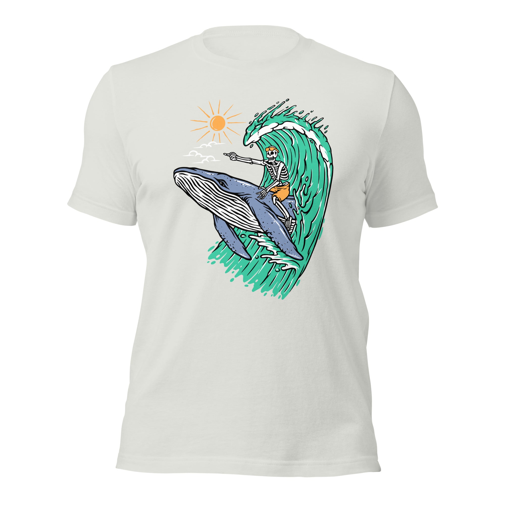 Whale Races, Skeleton Surf Riding a Whale Unisex Hoodie Unisex t-shirt - Captain Woody's Shirts & Beach Club