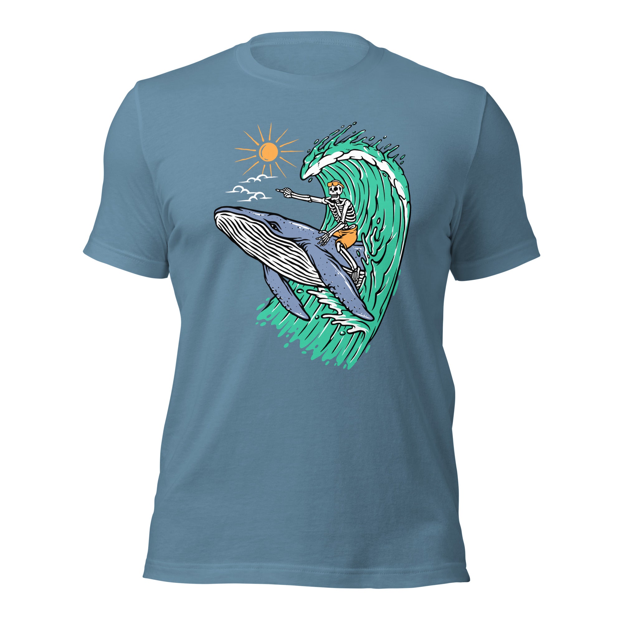 Whale Races, Skeleton Surf Riding a Whale Unisex Hoodie Unisex t-shirt - Captain Woody's Shirts & Beach Club