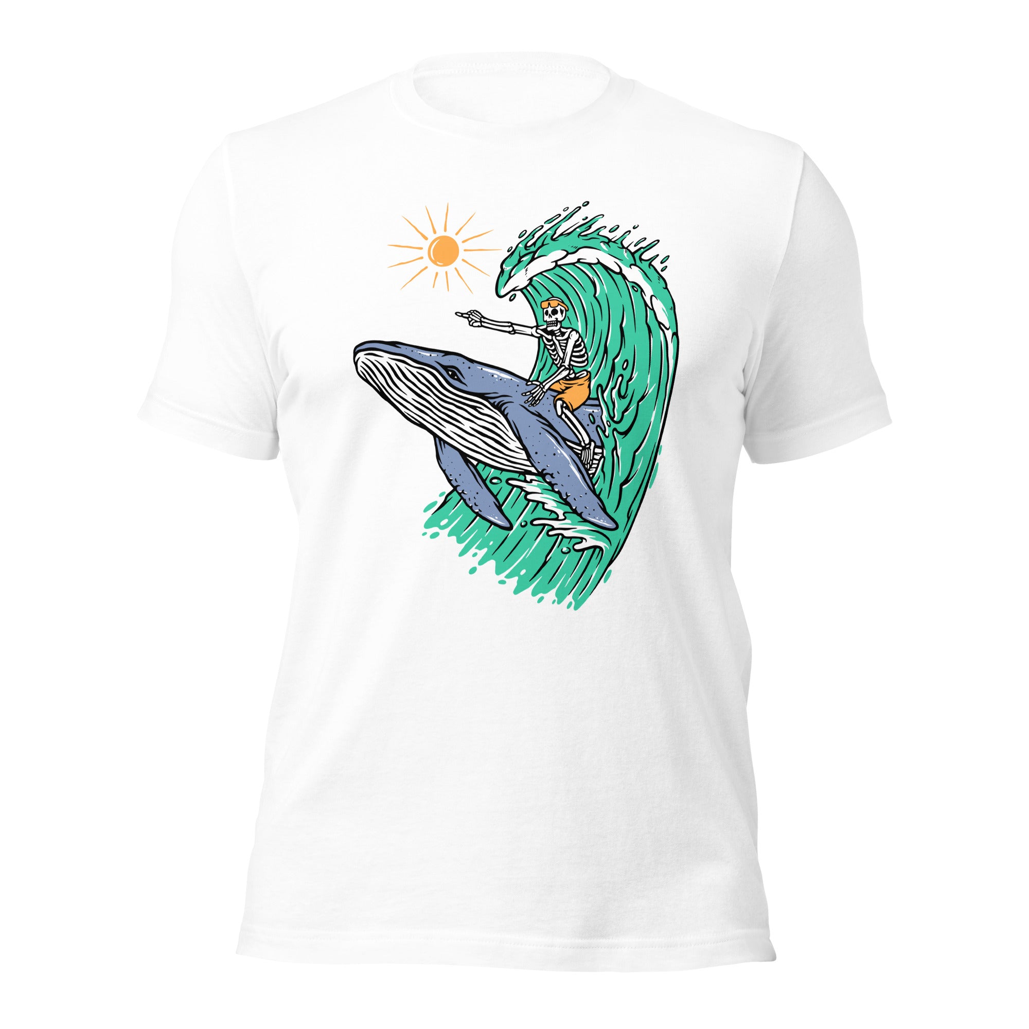 Whale Races, Skeleton Surf Riding a Whale Unisex Hoodie Unisex t-shirt - Captain Woody's Shirts & Beach Club
