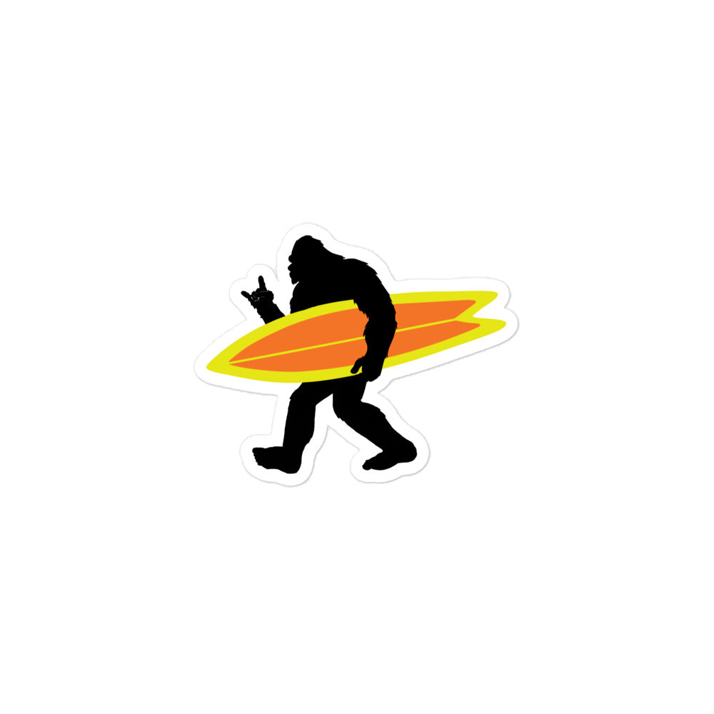 Surf Squatch carrying Orange and Yellow Surfboard Sticker - Captain Woody's Shirts & Beach Club