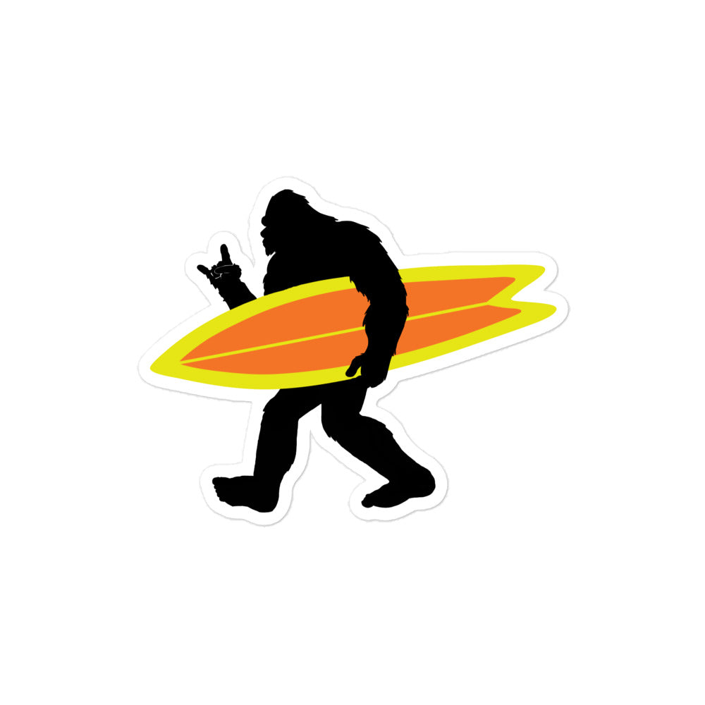 Surf Squatch carrying Orange and Yellow Surfboard Sticker - Captain Woody's Shirts & Beach Club