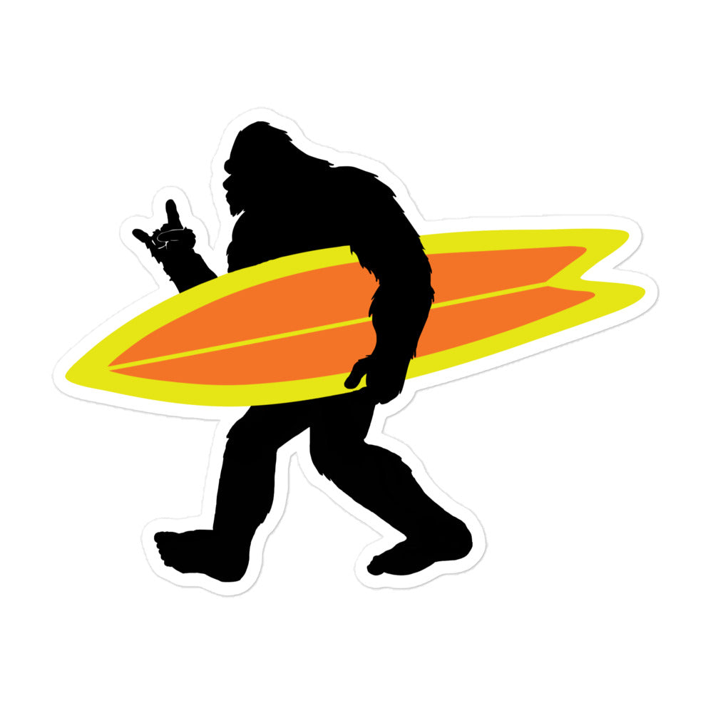Surf Squatch carrying Orange and Yellow Surfboard Sticker - Captain Woody's Shirts & Beach Club
