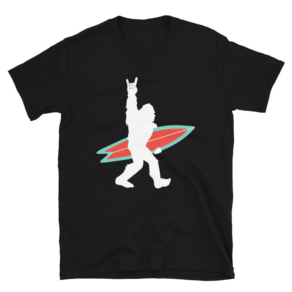 Bigfoot Surfer giving Rock and Roll Sign - Unisex T-Shirt - Captain Woody's Shirts & Beach Club
