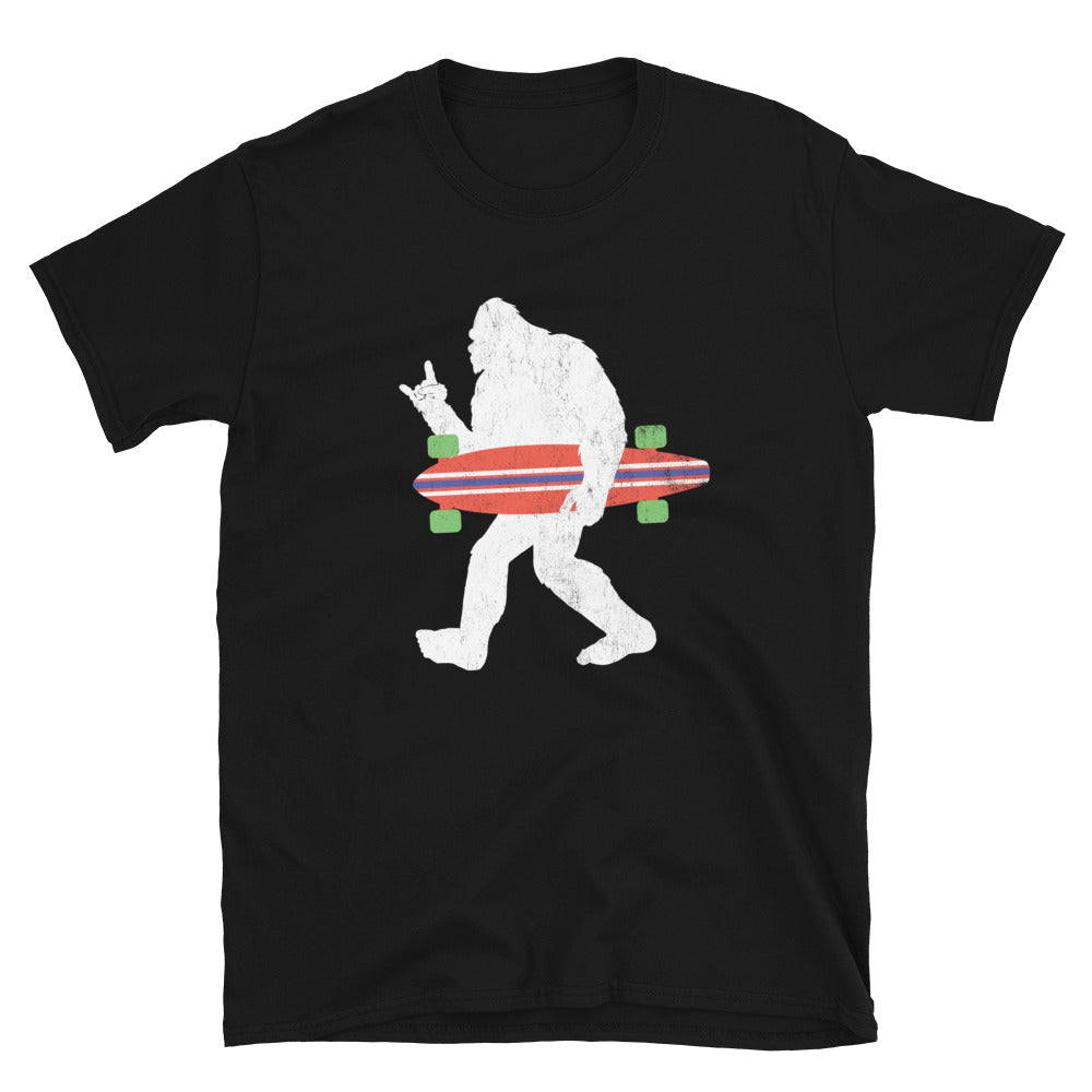 Funny Bigfoot Carrying a Longboard Shirt, Sasquatch Rock and Roll Sign, Sasquatch T-shirt, Bigfoot Gifts - Captain Woody's Shirts & Beach Club