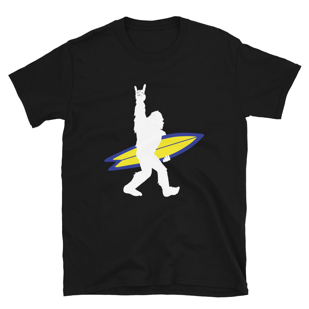 Rock and Roll Bigfoot, Surf Squatch, Funny Bigfoot Surfer - Unisex T-Shirt - Captain Woody's Shirts & Beach Club