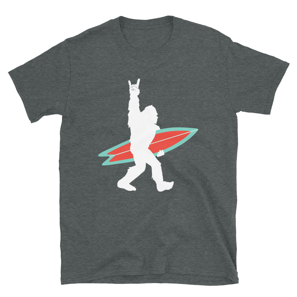Bigfoot Surfer giving Rock and Roll Sign - Unisex T-Shirt - Captain Woody's Shirts & Beach Club