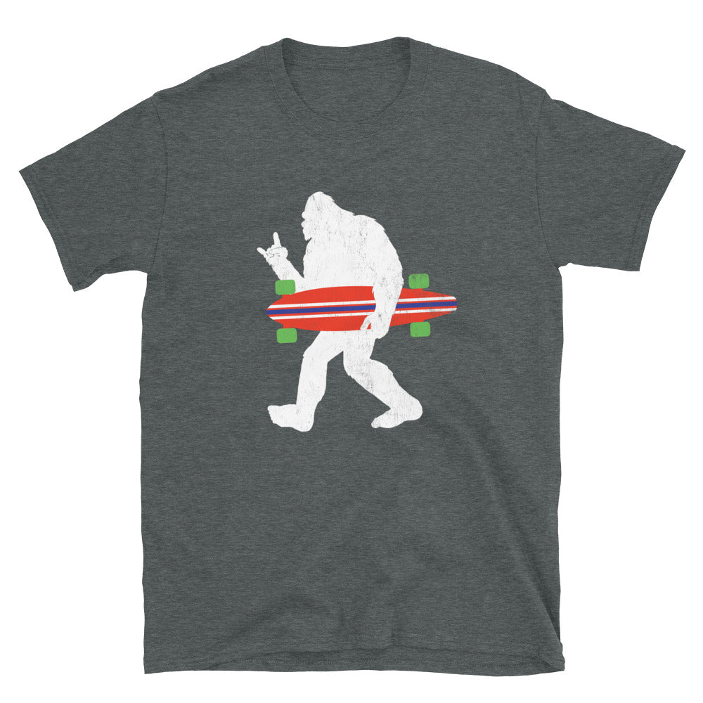 Funny Bigfoot Carrying a Longboard Shirt, Sasquatch Rock and Roll Sign, Sasquatch T-shirt, Bigfoot Gifts - Captain Woody's Shirts & Beach Club