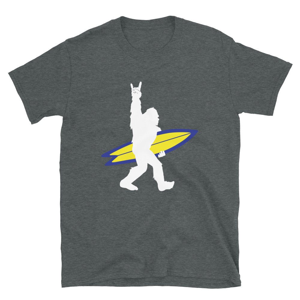 Rock and Roll Bigfoot, Surf Squatch, Funny Bigfoot Surfer - Unisex T-Shirt - Captain Woody's Shirts & Beach Club