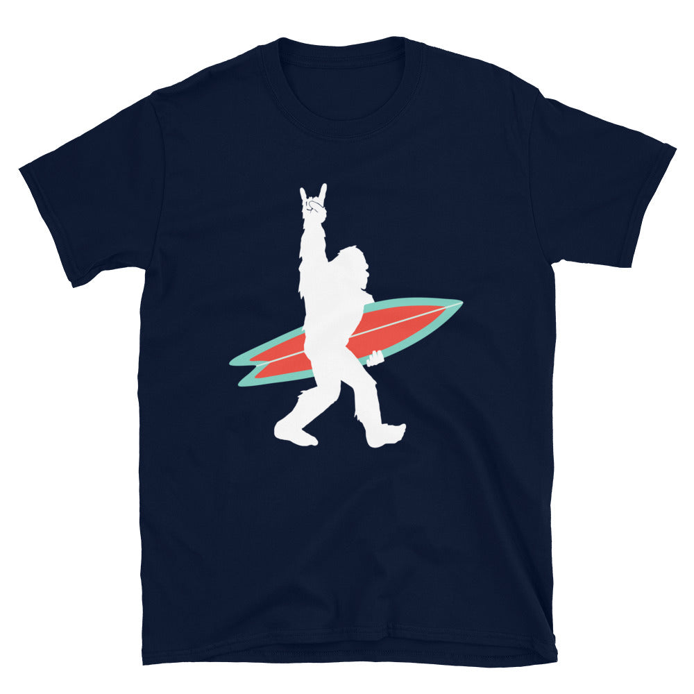 Bigfoot Surfer giving Rock and Roll Sign - Unisex T-Shirt - Captain Woody's Shirts & Beach Club