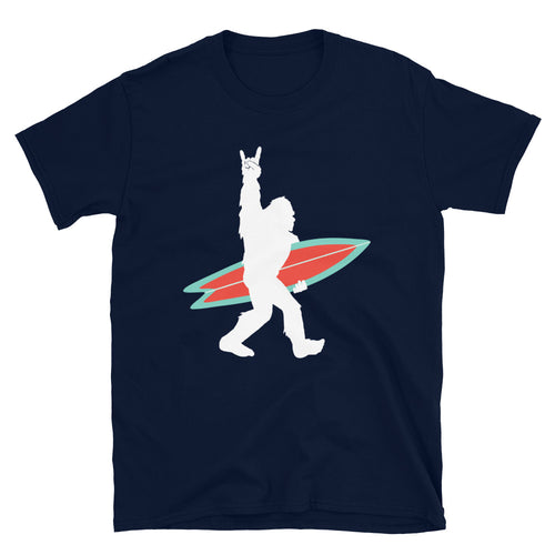 Bigfoot Surfer giving Rock and Roll Sign - Unisex T-Shirt - Captain Woody's Shirts & Beach Club