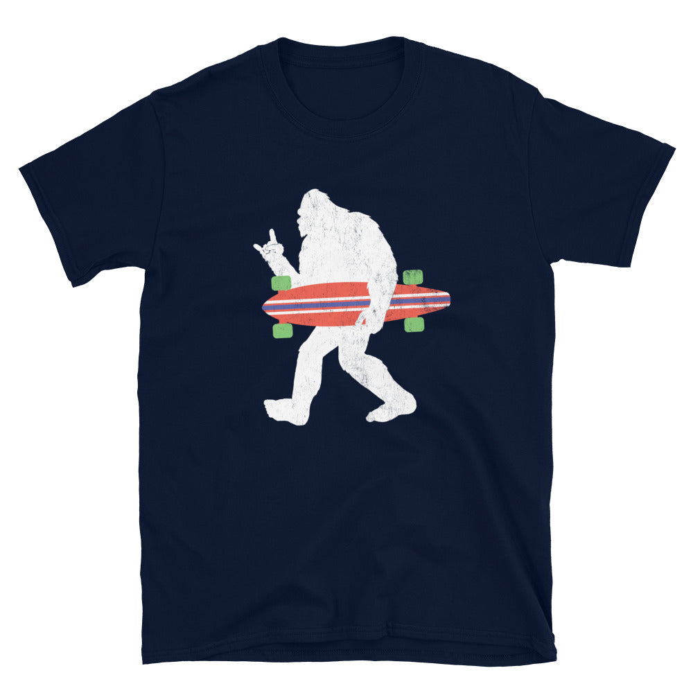 Funny Bigfoot Carrying a Longboard Shirt, Sasquatch Rock and Roll Sign, Sasquatch T-shirt, Bigfoot Gifts - Captain Woody's Shirts & Beach Club