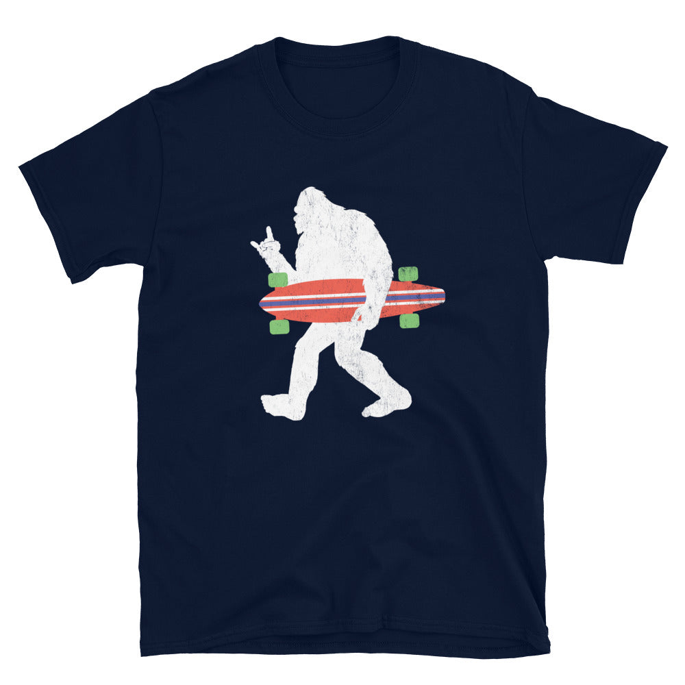 Funny Bigfoot Carrying a Longboard Shirt, Sasquatch Rock and Roll Sign, Sasquatch T-shirt, Bigfoot Gifts