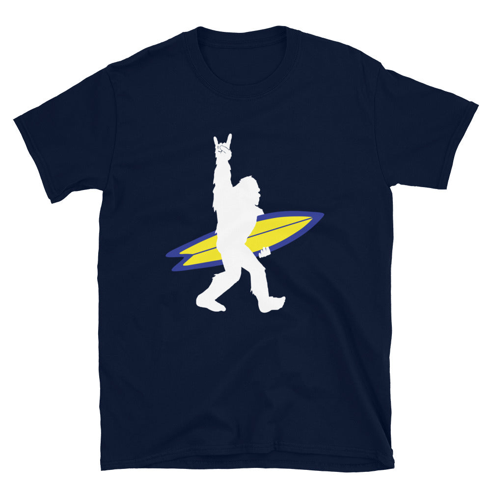 Rock and Roll Bigfoot, Surf Squatch, Funny Bigfoot Surfer - Unisex T-Shirt - Captain Woody's Shirts & Beach Club
