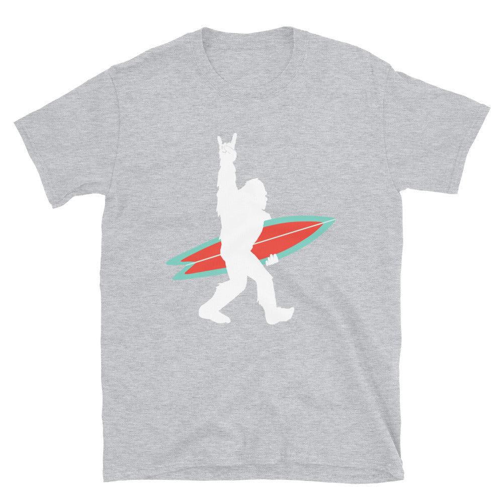 Bigfoot Surfer giving Rock and Roll Sign - Unisex T-Shirt - Captain Woody's Shirts & Beach Club