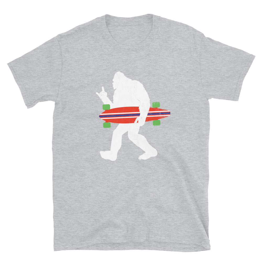 Funny Bigfoot Carrying a Longboard Shirt, Sasquatch Rock and Roll Sign, Sasquatch T-shirt, Bigfoot Gifts - Captain Woody's Shirts & Beach Club