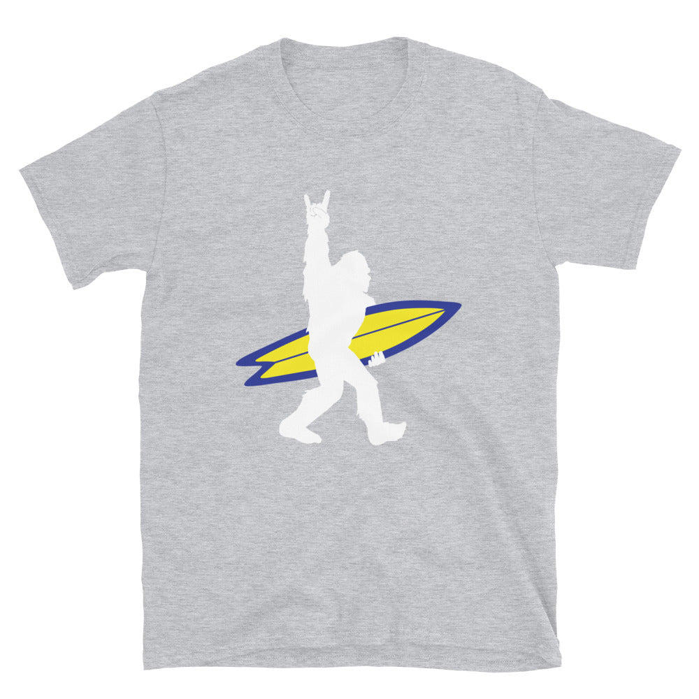 Rock and Roll Bigfoot, Surf Squatch, Funny Bigfoot Surfer - Unisex T-Shirt - Captain Woody's Shirts & Beach Club